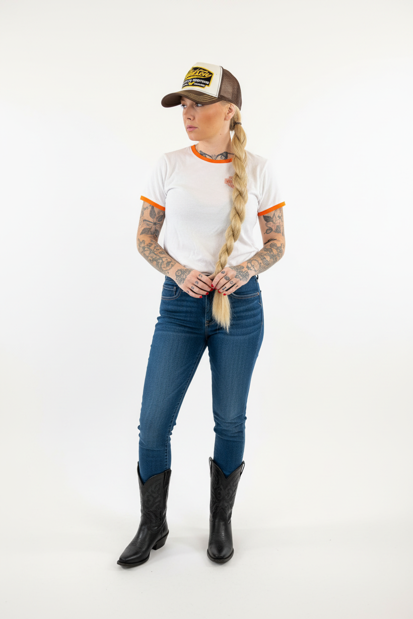 Helkropp Harley tee front view med svarta Ariat boots