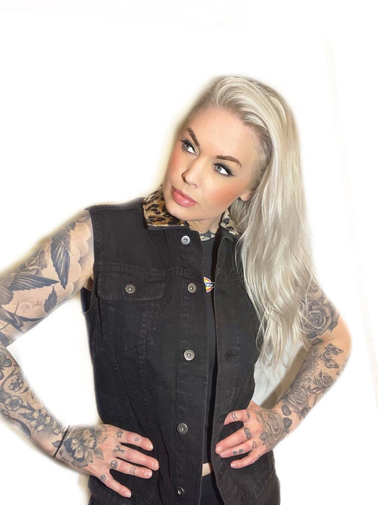 Rebell Jeansväst Leopard päls svart jeansväst unisex